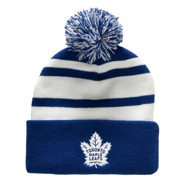 NHL MAPLE LEAFS Mitchell & Ness Stripe Cuffed Knit Hat with Pom KTPCLD21212TMLB
